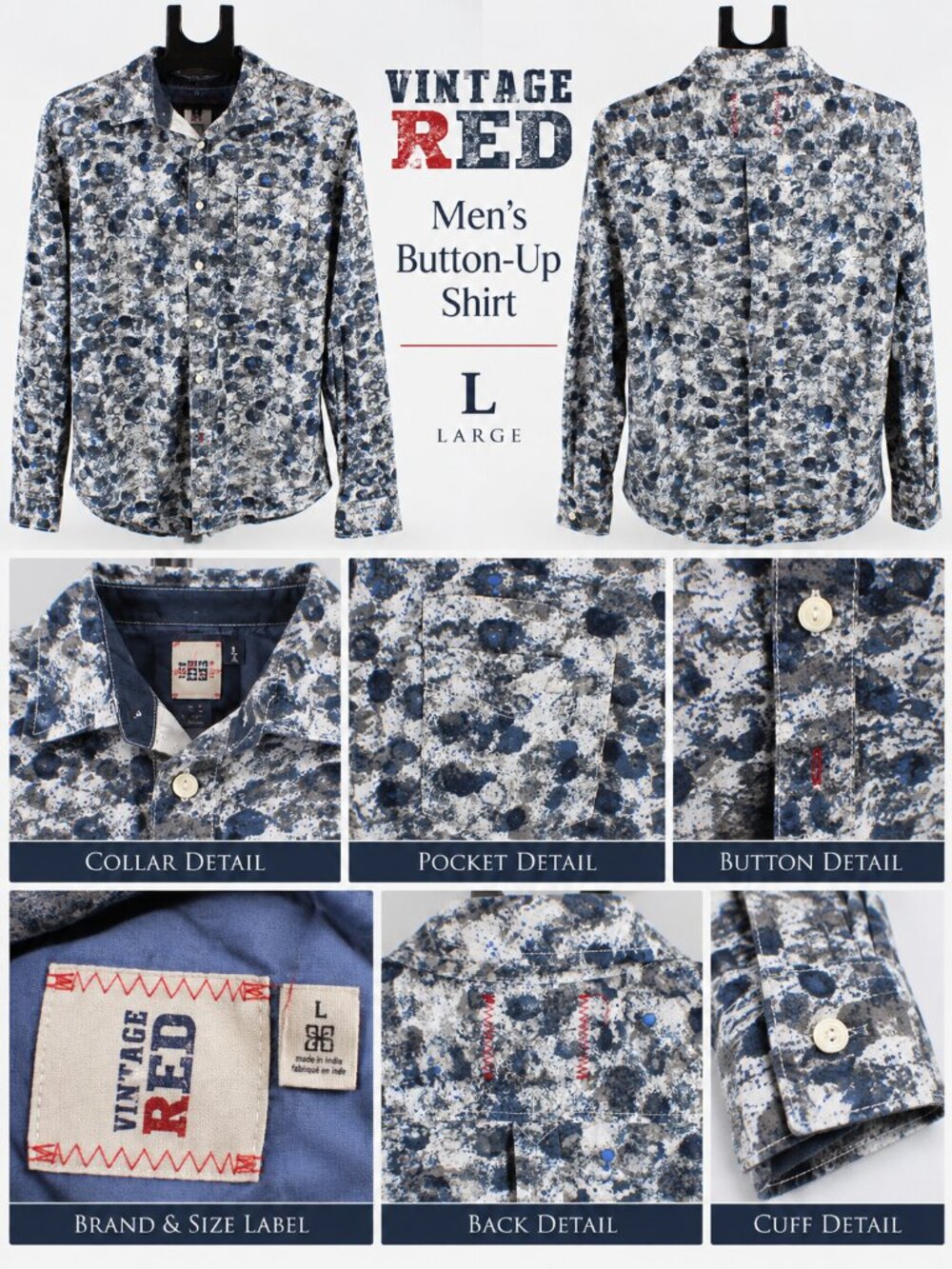 Vintage Red Men's Blue Abstract Acid Wash Floral Button Down L
